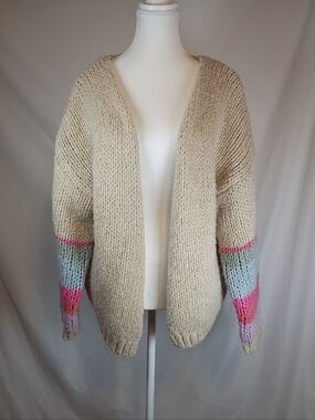 Saltwater Luxe Hello Sunshine Cardigan L Beige Striped Sleeve Chunky Knit